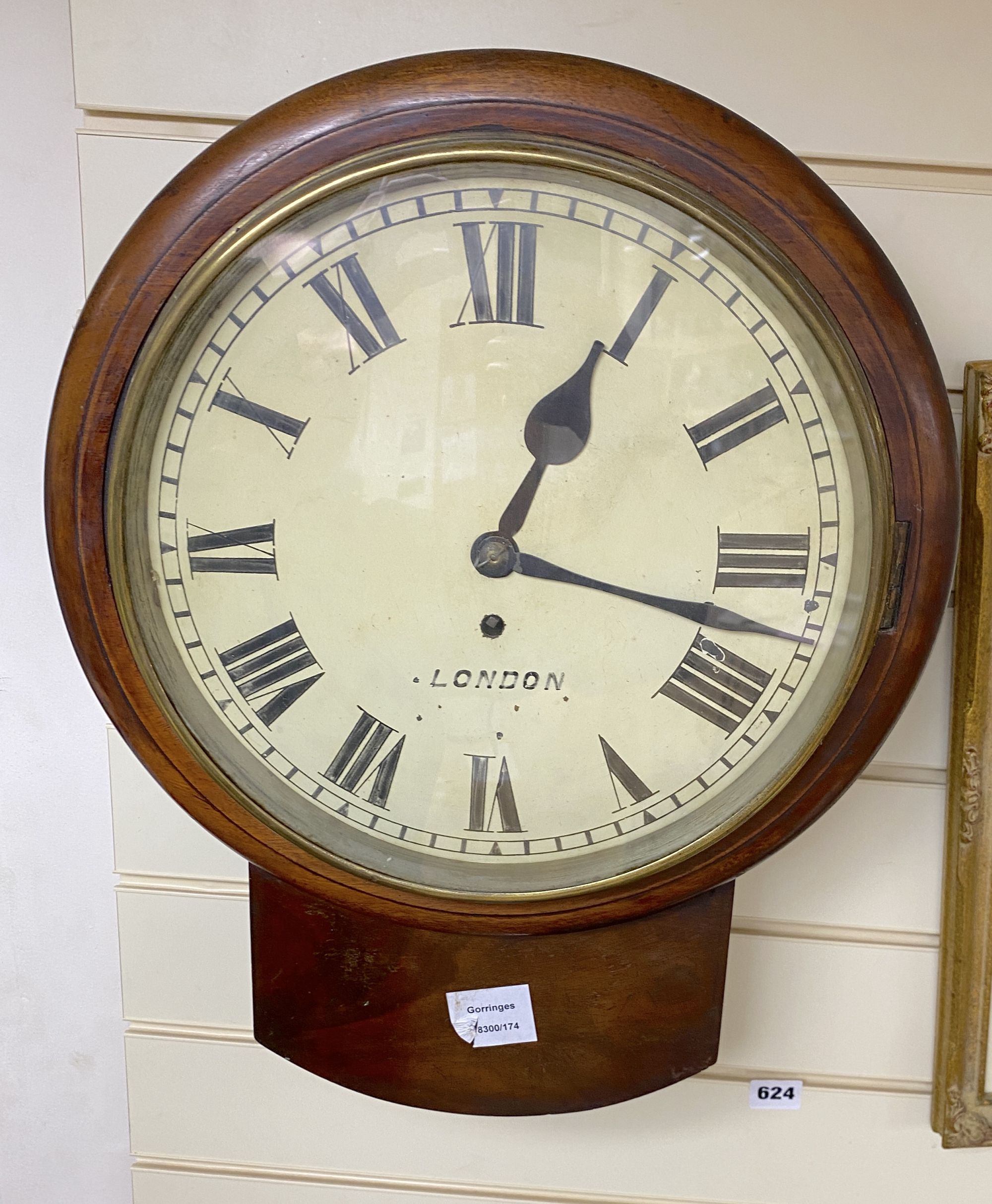 A mahogany drop dial wall clock with single fusee, height 47cm